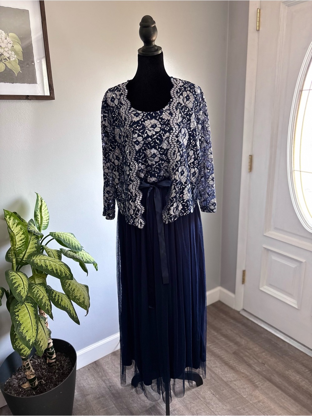 Navy Lace Overlay Maxi Dress with Ribbon Tie